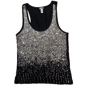 Womens Large Sequin Embellished Black Tank Top Fairy